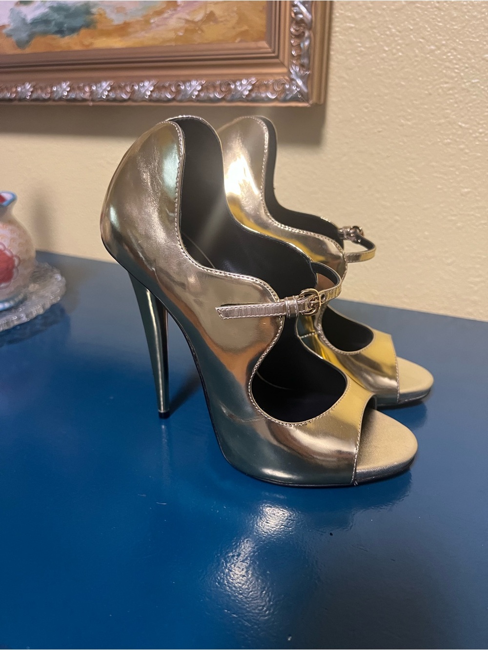 Giuseppe Zanotti Gold Metallic Peep-Toe Mary Jane Stilettos - Picture 11 of 12